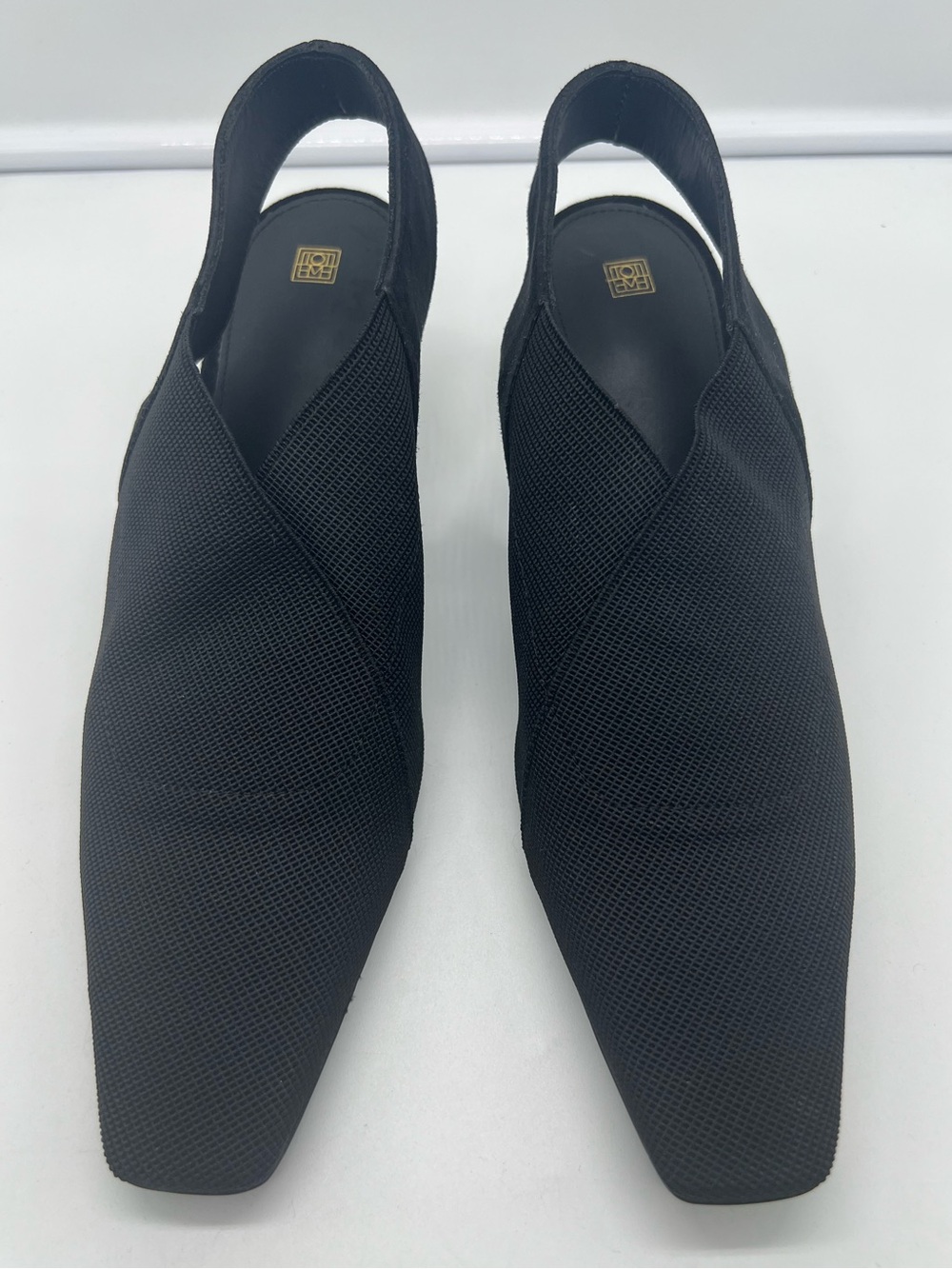 NWT TOTEME The Mid-Heel Black Elastic Suede Trim Square Toe Slingback Pumps 37 - Picture 10 of 17